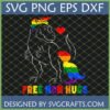 Free Mom Hugs Dinosaur SVG featuring an outlined mom T-Rex with a rainbow bandana and a full-color rainbow baby T-Rex, with a red heart and 'FREE MOM HUGS' text.