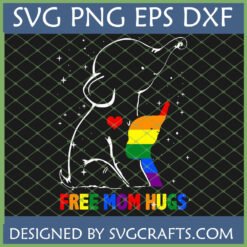 Free Mom Hugs Elephant Pride SVG design showing a white elephant outline with a red heart and a rainbow-colored leg, text 'FREE MOM HUGS' in rainbow colors.