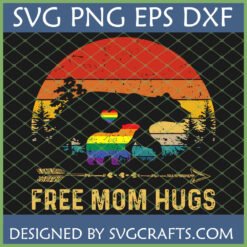 Free Mom Hugs SVG LGBTQ Pride Bear design with retro sunset and rainbow colors