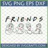 Disney Princess Friends TV Show SVG file featuring Jasmine, Snow White, Cinderella, and Belle line art with Friends logo for Cricut and Silhouette projects