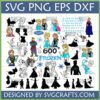 Large bundle of Disney Frozen SVG PNG DXF EPS files featuring Elsa, Anna, Olaf, Kristoff, Sven, and snowflakes, suitable for Cricut and Silhouette.