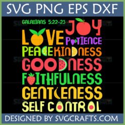 Colorful Fruits of the Spirit SVG design with Galatians 5:22-23 text and fruit illustrations for Love, Joy, Peace, Patience, Kindness, Goodness, Faithfulness, Gentleness, Self-Control.
