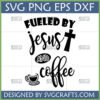 Fueled by Jesus and Coffee SVG design for Cricut, featuring a cross and coffee cup, ideal for Christian apparel and gifts.