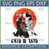 Cats and Tats SVG design featuring a black cat with a snake tattoo being inked by a black and white cat with a dragon tattoo, against an orange sun background, for Cricut and sublimation.