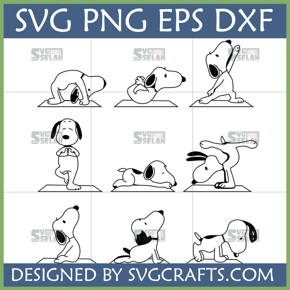 A grid of 9 black and white line art illustrations of Snoopy the dog performing various yoga poses on a mat, labeled as 'Snoopy Yoga SVG PNG EPS DXF' bundle by SVGCrafts.