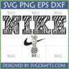 Zebra Nike SVG digital design with zebra print 'NIKE' text and a cartoon zebra character holding the Nike swoosh, suitable for Cricut and sublimation.