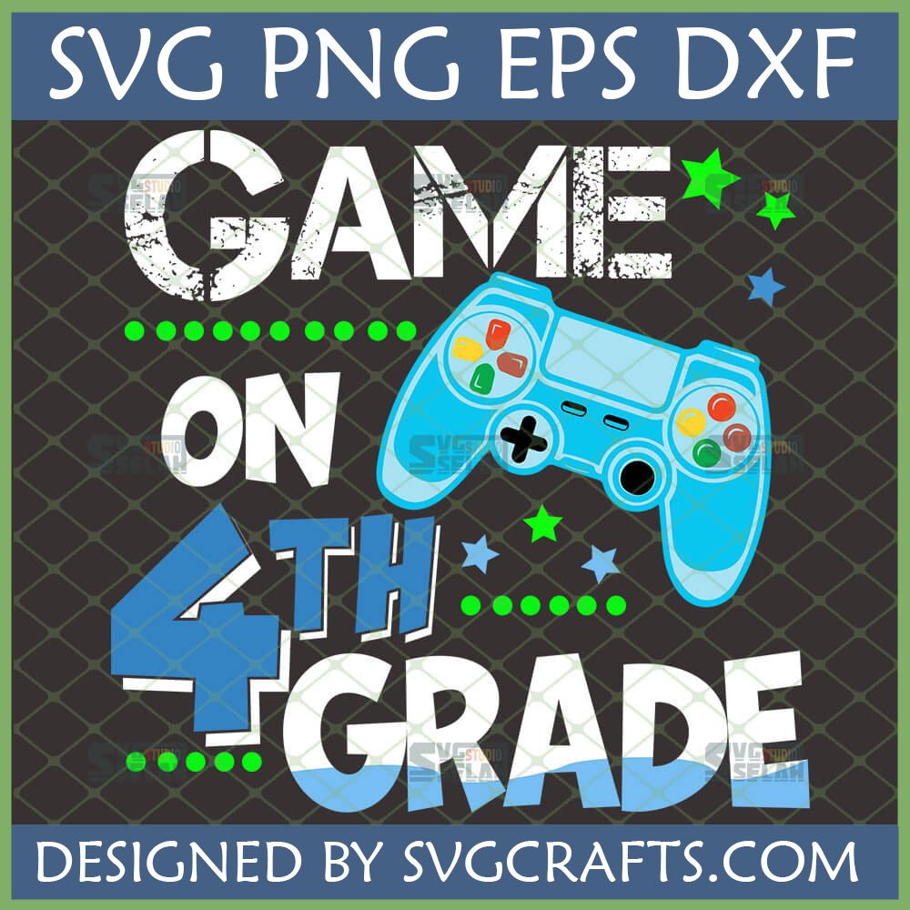 Game On 4th Grade SVG with blue game controller and distressed text, perfect for back to school t-shirts and Cricut projects.