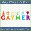 Colorful 'GAYMER' SVG design with rainbow letters and retro gaming icons like joystick, Pac-Man, pistol, swords, and pizza slice, perfect for LGBTQ+ gamers.