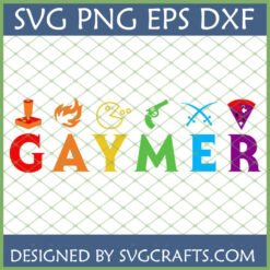 Colorful 'GAYMER' SVG design with rainbow letters and retro gaming icons like joystick, Pac-Man, pistol, swords, and pizza slice, perfect for LGBTQ+ gamers.