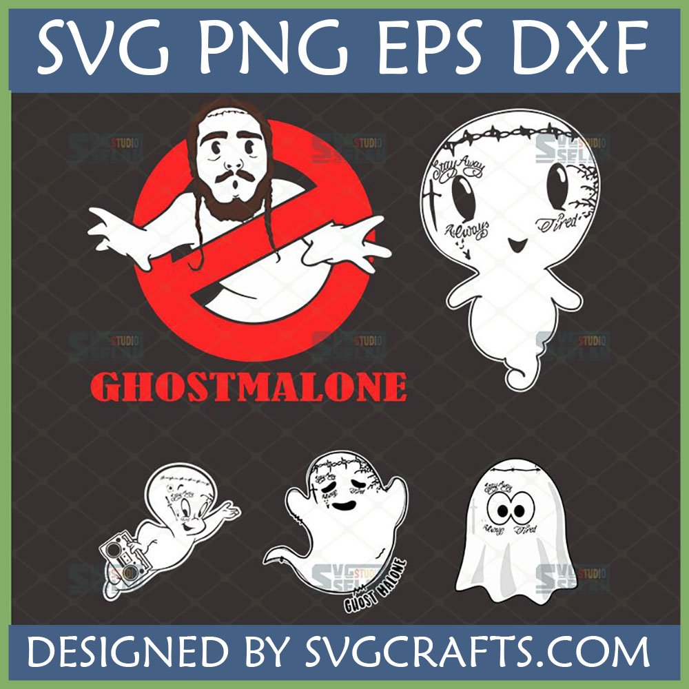 Collection of Funny Post Malone Ghost SVG Bundle designs, including a Ghostbusters parody, tattooed ghosts, and a Casper-like ghost with a boombox.