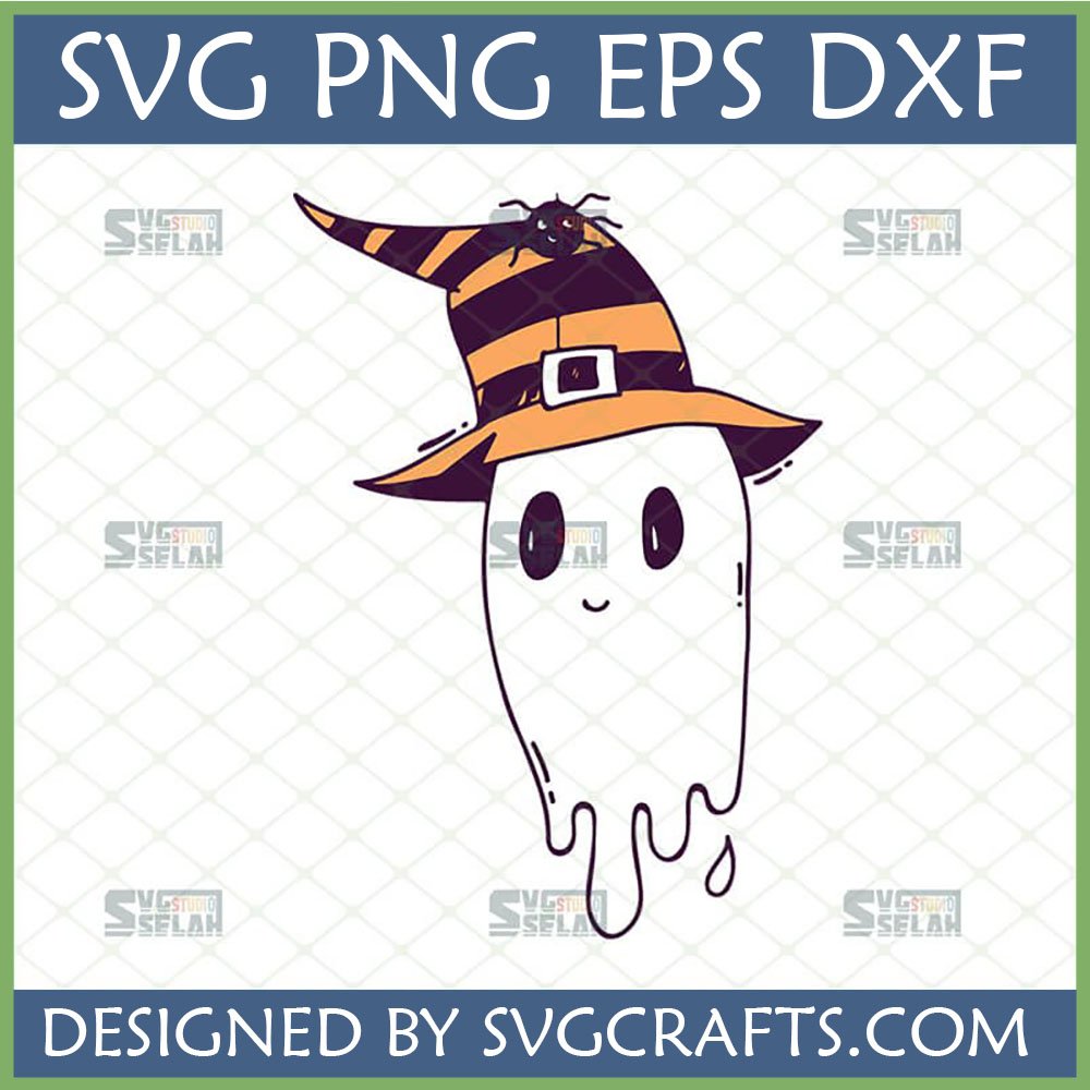 Cute Halloween Ghost SVG with Witch Hat and Spider, a friendly digital design for Cricut and crafting.