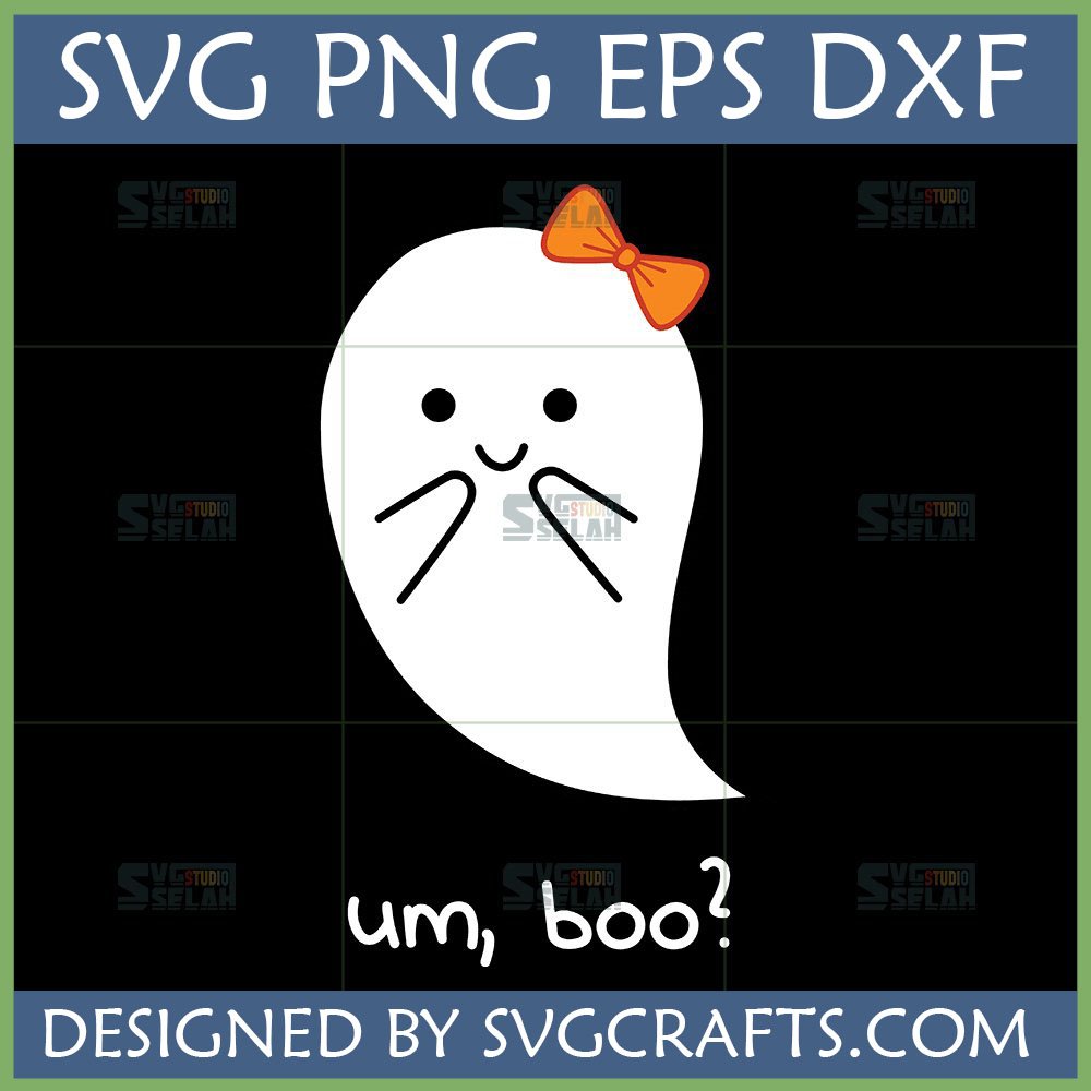 Cute shy ghost with orange bow and 'um, boo?' text SVG PNG EPS DXF