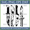 Horror Movie Knives SVG Bundle featuring Ghostface, Jason Voorhees, Michael Myers, and Chucky character designs for Cricut and Silhouette.