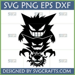 Stacked silhouette design of Pokemon Ghost Evolution featuring Gastly, Haunter, and Gengar in SVG, PNG, EPS, DXF formats.