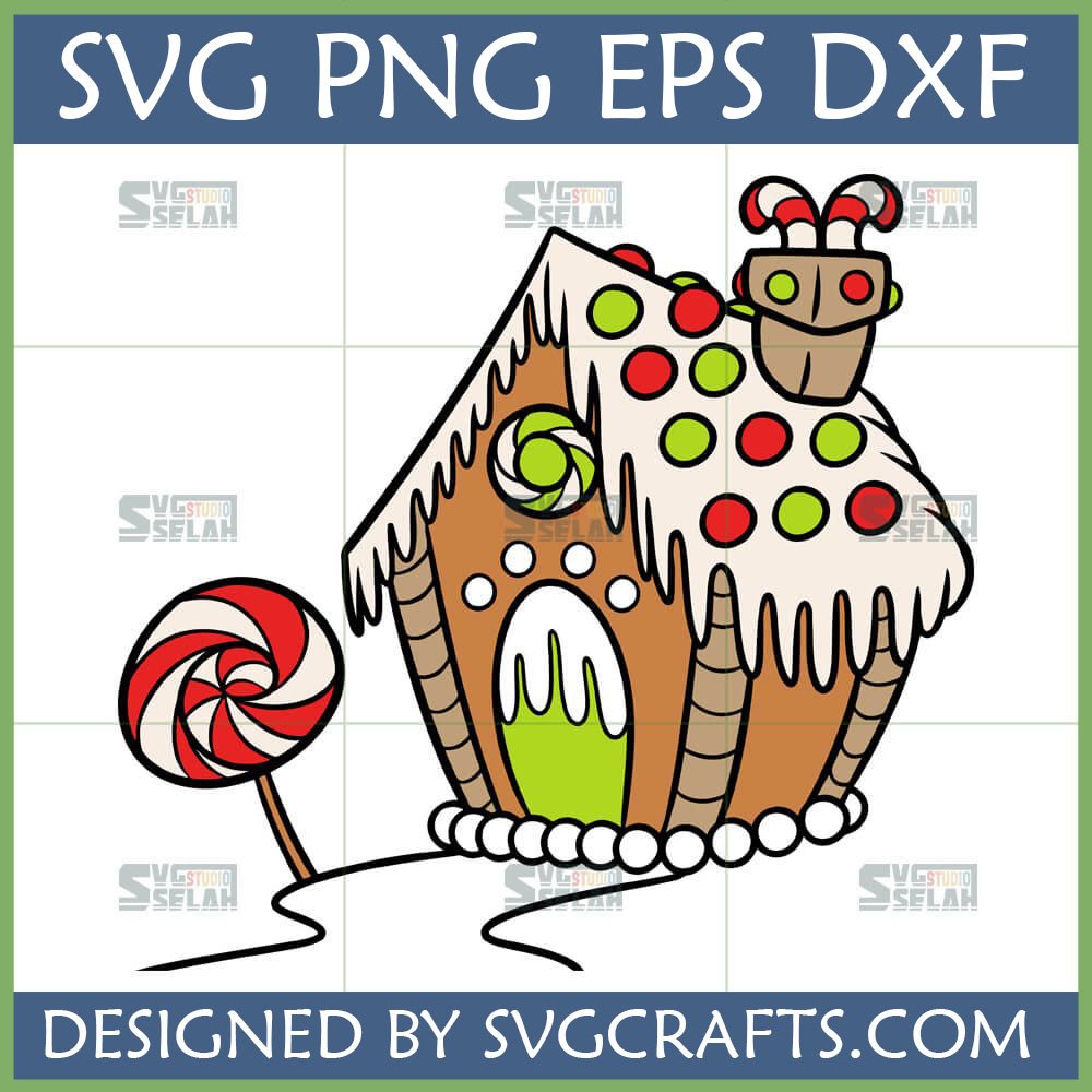 A festive Christmas gingerbread house SVG design with red and green candies, a candy cane chimney, and a swirling lollipop, perfect for holiday crafting.