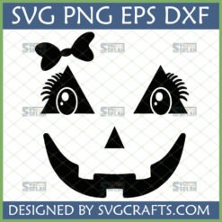 Cute Girl Pumpkin Face SVG with eyelashes and a bow, perfect for Halloween crafts
