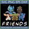 Cute Cartoon Friends SVG Bundle featuring Toothless, Baby Groot, Gizmo, Grogu, and Stitch with Friends TV show logo.