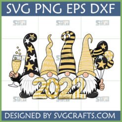 Four whimsical 2022 New Year Gnomes SVG design in black and gold, holding champagne and balloons, perfect for Cricut and sublimation crafts.