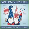 Two patriotic gnomes, one holding an American flag balloon, the other a firecracker, with red and blue stars, ideal for 4th of July SVG crafts.