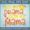 Funny Mama Drama SVG design with text 'GOT MY DRAMA FROM MY MAMA' in yellow and orange, featuring a yellow crown and orange stars.