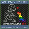 Grandmasaurus Rex Pride SVG - White outline dinosaur looking at rainbow dinosaur with red heart