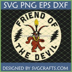 Friend of the Devil SVG design featuring a retro-style devil creature with a pentagram, horns, and lightning bolts, inspired by the Grateful Dead song, perfect for Cricut and Silhouette.