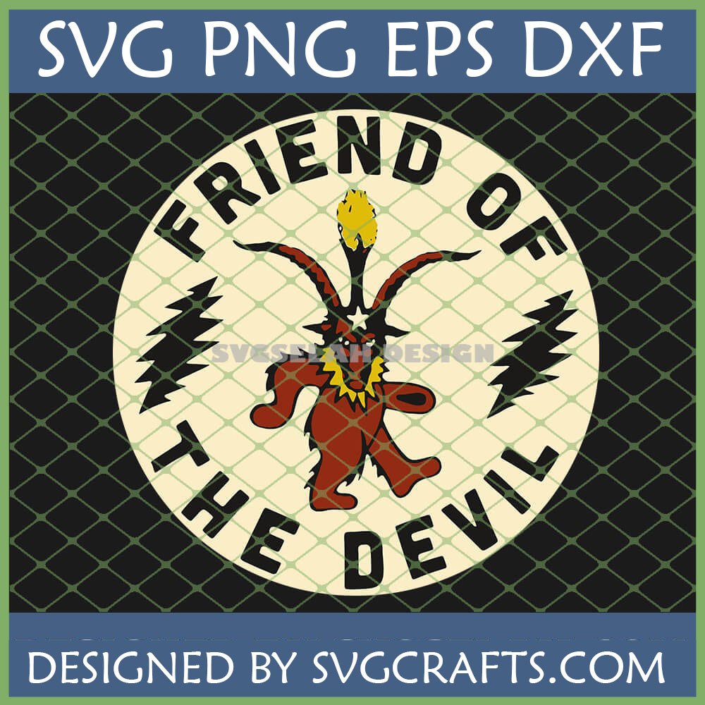 Friend of the Devil SVG design featuring a retro-style devil creature with a pentagram, horns, and lightning bolts, inspired by the Grateful Dead song, perfect for Cricut and Silhouette.