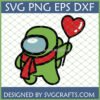 Green Among Us character with red scarf holding a red heart balloon, a Valentine SVG design for Cricut and Silhouette.