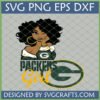 Green Bay Packers Girl SVG design featuring a winking Black woman with curly hair wearing a Packers shirt and gold jewelry, alongside 'PACKERS Girl' text and a large Packers G logo.