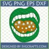 A vibrant green mouth with white teeth and a brown tongue covered in white shamrocks, designed as a St Patricks Day Lips SVG digital file.