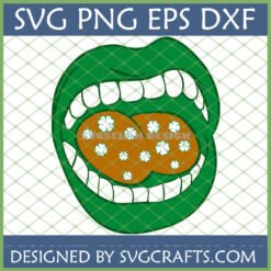 A vibrant green mouth with white teeth and a brown tongue covered in white shamrocks, designed as a St Patricks Day Lips SVG digital file.