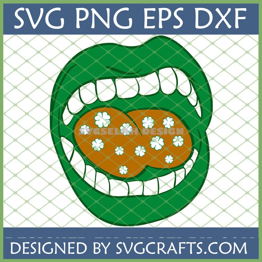 A vibrant green mouth with white teeth and a brown tongue covered in white shamrocks, designed as a St Patricks Day Lips SVG digital file.