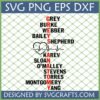 Grey's Anatomy SVG file featuring character names spelling out the show's title with a heartbeat graphic, ideal for Cricut and Silhouette projects.