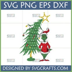 Grumpy Grinch in Santa suit next to a crooked Christmas tree SVG, ideal for Cricut holiday crafts