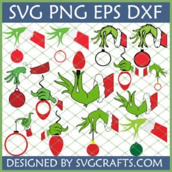 Collection of Grinch Hand Christmas SVG designs with ornaments and lights