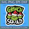 Grinch Squad SVG design with three Grinch faces wearing Santa hats for funny Christmas T-shirts and crafts.
