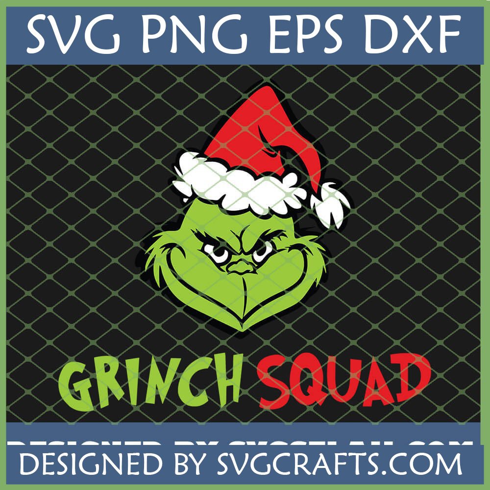 Grinch Squad SVG design featuring the Grinch face in a Santa hat for Christmas crafting