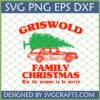 Griswold Family Christmas SVG design with a red station wagon and an oversized green Christmas tree on top, text 'GRISWOLD FAMILY CHRISTMAS Tis the season to be merry'
