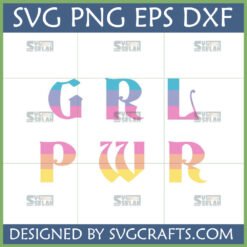 Vibrant GRL PWR SVG and Girl Power PNG design with colorful striped letters for Cricut and sublimation crafts.