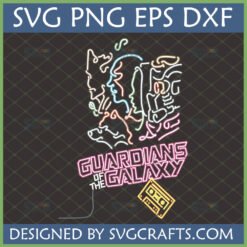 Guardians of the Galaxy Neon SVG digital design featuring Marvel characters Star-Lord, Groot, Rocket, Gamora, Drax, and a retro cassette tape in a vibrant neon outline style, perfect for Cricut and sublimation crafts.