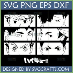 Haikyuu Eyes SVG Bundle featuring Oikawa, Kageyama, Hinata, Kuroo, Bokuto, Ushijima character eyes in black and white vector art for Cricut and sublimation.