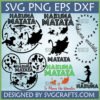 Hakuna Matata SVG Bundle featuring Lion King characters Simba, Timon, and Pumbaa in various silhouette designs, including a Mickey Mouse ear shape and infinity symbol, with SVG, PNG, EPS, DXF file types mentioned.