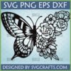 Elegant Floral Butterfly SVG design with half butterfly wing and half intricate flowers, ideal for Cricut projects and nature-themed crafts.