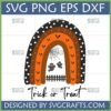 Cute Halloween Rainbow SVG with ghosts, bats, spiderweb, and 'Trick or Treat' text for Cricut crafts.