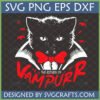 The Return of Vampurr Cat SVG design with a black vampire cat, red bow tie, fangs, and flying bats, set against a dark background.