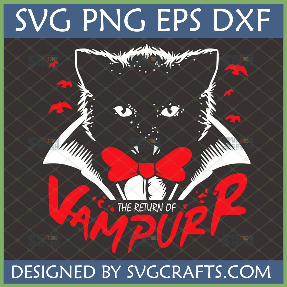 The Return of Vampurr Cat SVG design with a black vampire cat, red bow tie, fangs, and flying bats, set against a dark background.