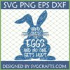 Funny Easter Bunny SVG with 'Hand Over The Eggs And No One Gets Hurt' text, distressed blue design on a green grid background.