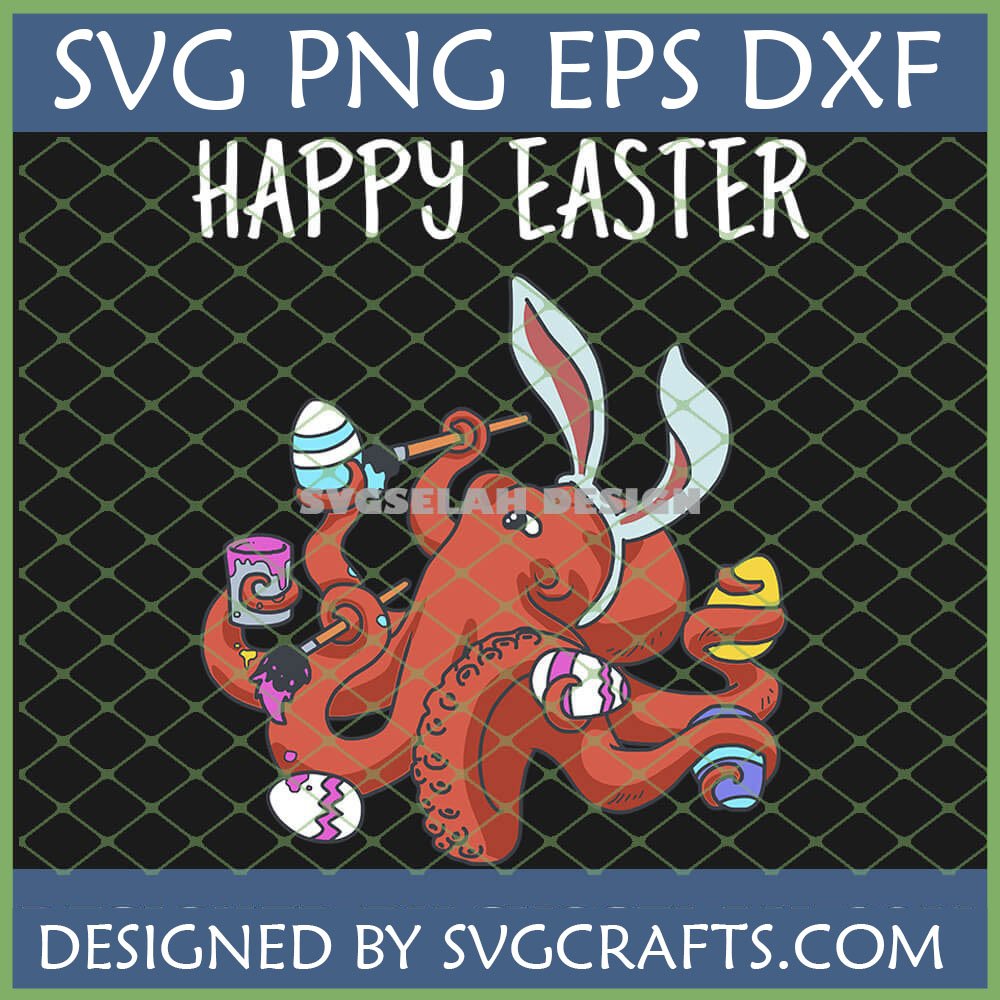 Funny Easter Octopus SVG design with a red octopus wearing bunny ears painting colorful Easter eggs with multiple tentacles.