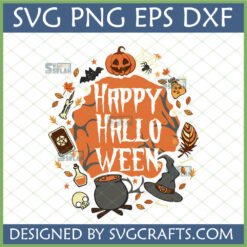 Happy Halloween SVG Design with pumpkin, bat, witch hat, and cauldron for Cricut crafts