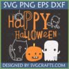 Cute Happy Halloween SVG design with a spider, cat, pumpkin, and ghost characters.